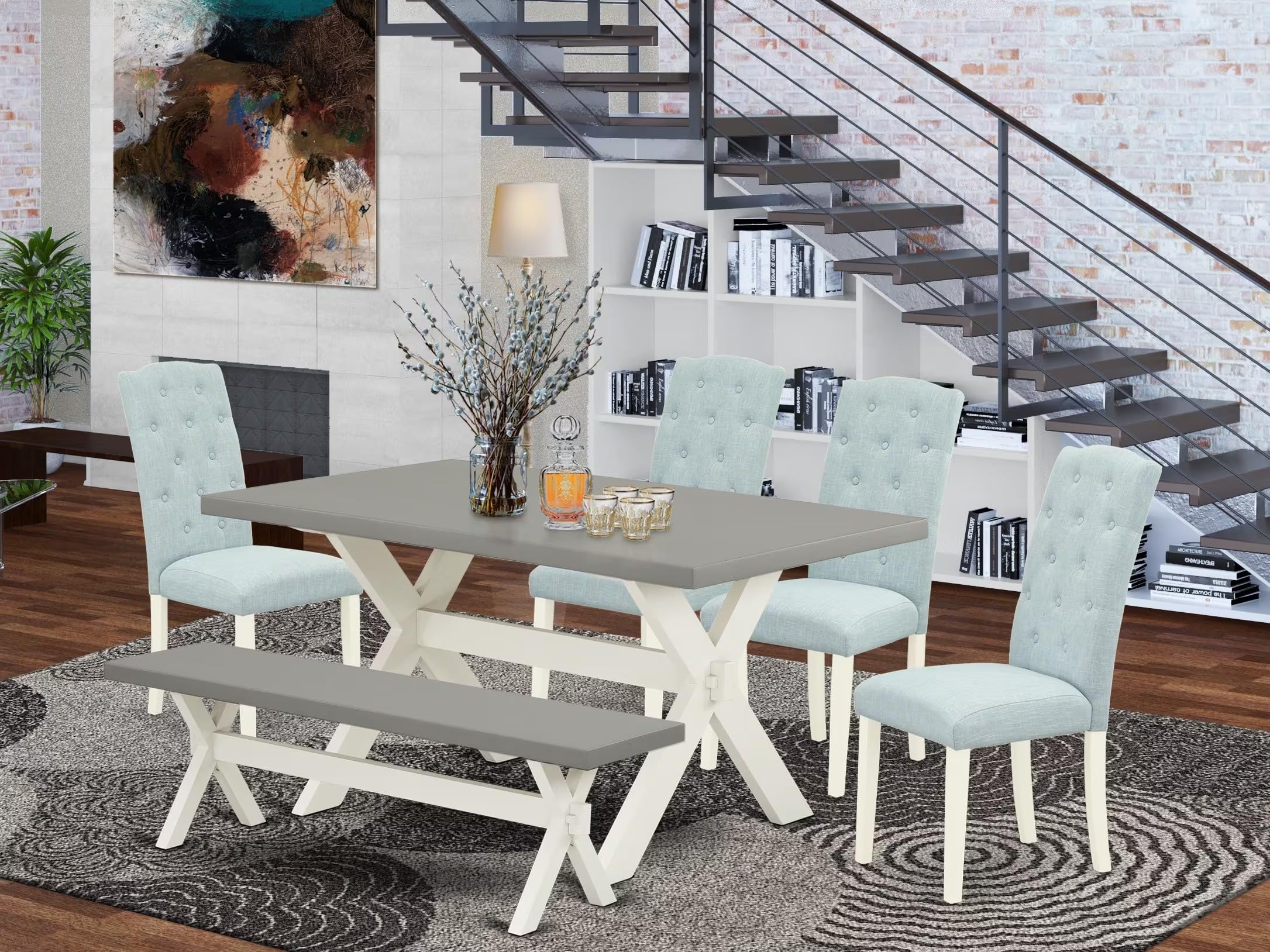 East West Furniture X097Ce215-6 6 Piece Dining Room Table Set Contains A Rectangle Kitchen Table With X-Legs And 4 Baby Blue Linen Fabric Parson Chairs With A Bench, 40X72 Inch, Multi-Color